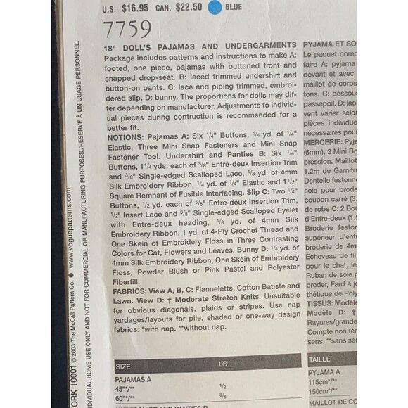 Vogue Doll Pajamas and Undergarments Teresa Layman Pattern 7759 - uncut - Picture 5 of 9